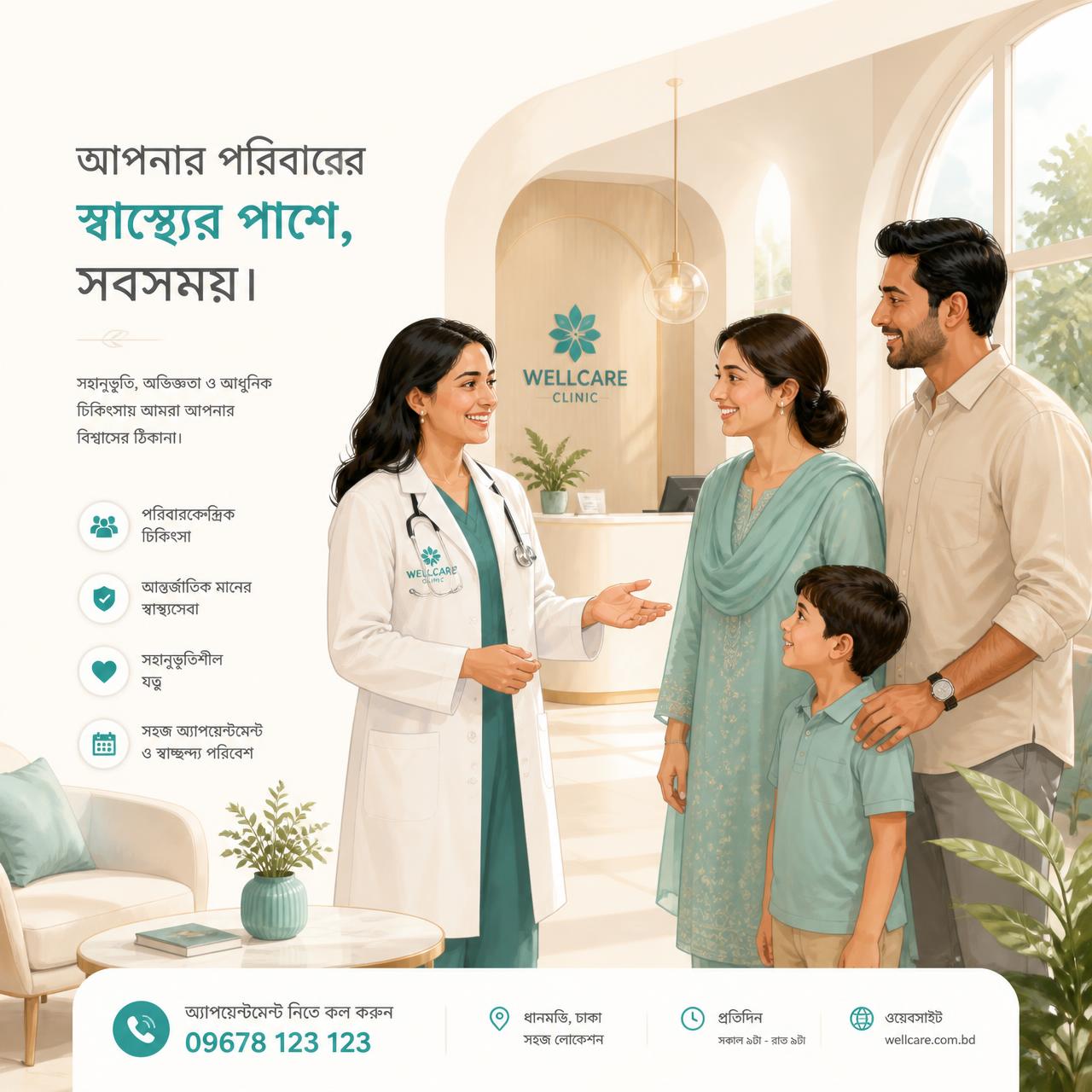 A caring Bangladeshi doctor welcomes a family at LifeCare Medical Center